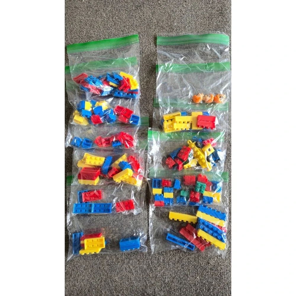 Assorted Plastic Building Blocks In Red Blue Yellow & Green - Mixed Shapes/Sizes
